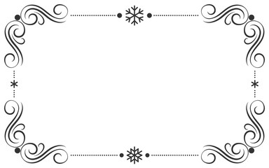 Winter vintage ornate frame. Black and white swash floufish border with copy space, snowflakes on white background for Xmas card, ads banners flyers, party event invitation, gift certificate