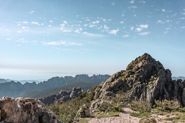 Fototapeta na wymiar Unbelievable, stunning views during de GR20 hike in Corsica, a long distance hike that takes around 2 weeks to finish.