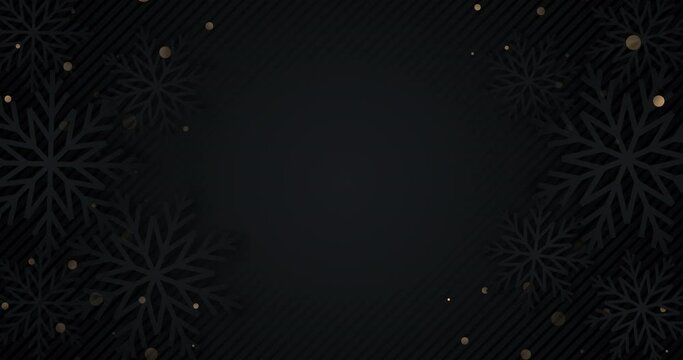 4k luxury animated background with snowflakes and gold sequins. Black and golden elegant banner. New year 2023 greeting card. Abstract random moving frame for social media. Deluxe Merry Christmas BG