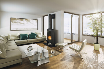 Obraz premium Winter am Kaminofen in einem modern eingerichtetem Apartment - 3D Visualisierung