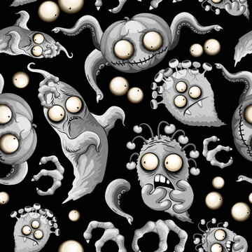 Halloween Monsters Creepy Cute and Funny Characters Vector Seamless Repeat Textile Pattern