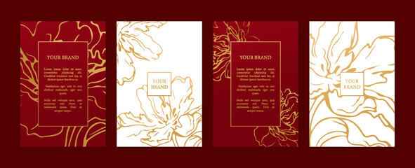 Luxury design on red and white background, frame design set with gold flower pattern. Luxury premium background pattern for menu, elite sale, luxe invite template, ​formal invitation, luxury voucher.