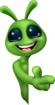 An alien cute little green man Martian cartoon mascot peeking around a sign and pointing