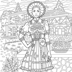 Old fashioned nurse near hospital. Adult coloring book page in mandala style.
