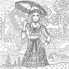 Vintage woman with summer umbrella near water mill. Adult coloring book page in mandala style.