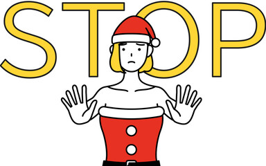 ストップの合図、体の前に手を突き出すサンタクロース姿の女性