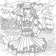 Beautiful woman by the sea, sailing ship and flying seagulls. Adult coloring book page in mandala style.