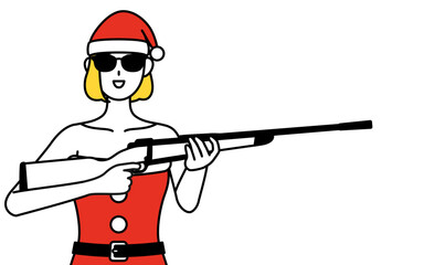 サングラスをかけてライフル銃を持つサンタクロース姿の女性