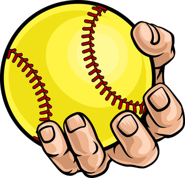 A hand mascot holding yellow softball ball