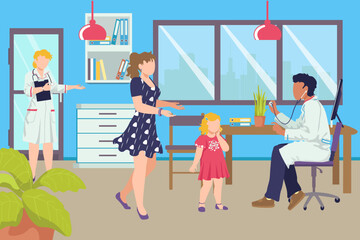 Doctor examines girl kid with mother woman character at hospital, pediatrician visit vector illustration. Medicine health care for child patient