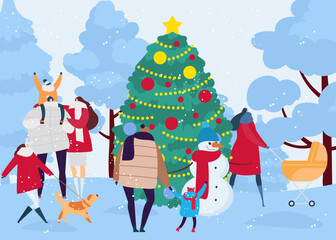 Winter season outdoor walk at snow, flat people character vector illustration. Cartoon christmas holiday, man woman character around tree.