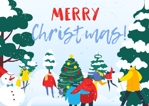 Winter season outdoor walk at snow, flat people character vector illustration. Cartoon christmas holiday, man woman character around tree.