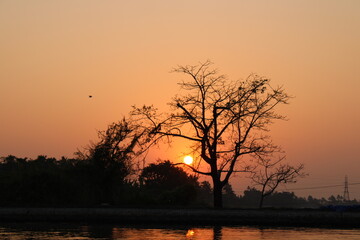Naklejka premium sun set sun rise boat ocean lake reflection