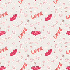 Simple seamless doodle pattern for Valentine's day. Pattern with cupid's arrows and hearts. Design for textiles, wrapping paper, banners and diaries.