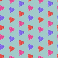 Simple seamless pattern with multicolored hearts. Valentines day background. Design for packaging, notebooks, planner and textiles. Pastel pink, yellow and violet hearts on a blue background