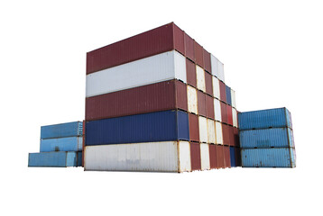 Containers. Frontal, side view stack containers harbor wait mother vessel berth. Industrial...