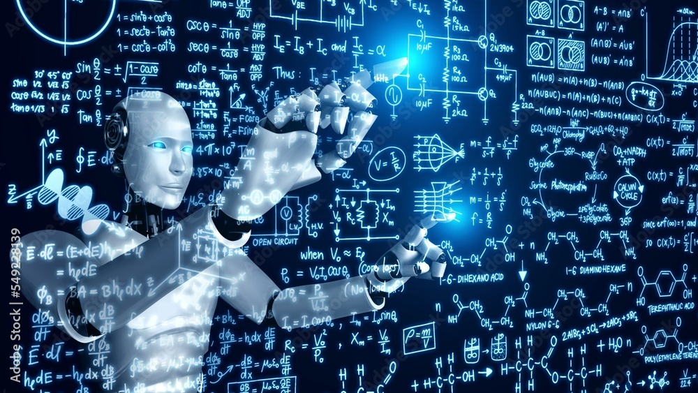 Poster ai hominoid robot touch screen of mathematics formula and science equation by using artificial intel