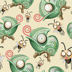Chamäleon Lustige Cartoon-Figur, die verwirrte Fliegen anstarrt Vektornahtloses Wiederholungsmuster aus Textilien