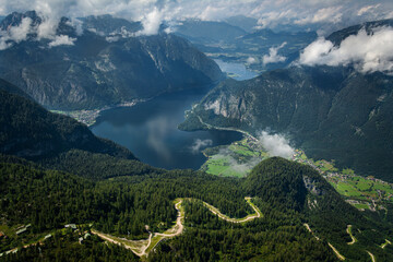 View of the mountains, lakes and a road in the foreground from the 5 Fingers view point at Dachstein Mountain in Austria, Alps. Hallstatt.