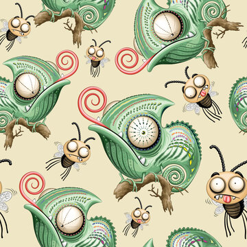 Chameleon Funny Cartoon Character staring at confused flies Vector Seamless Repeat Textile Pattern