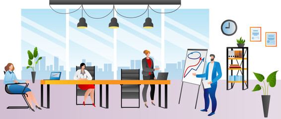 Presentation at business meeting, group teamwork at office vector illustration. People team discussion, person character brainstorming.