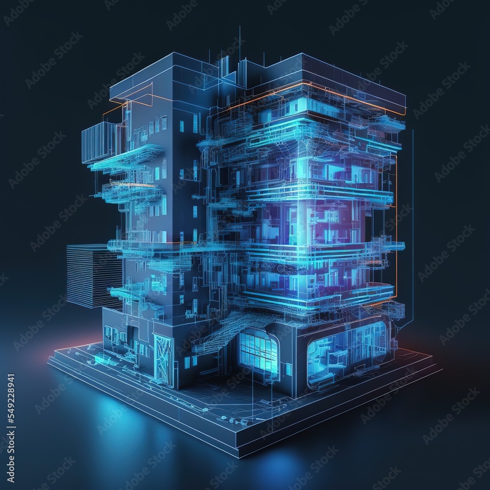 Aufkleber modern smart home, against the background high-rise buildings. development architecture computer sys
