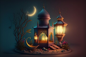 A night in Ramadan. A colorful mosque and a lantern with a glowing evening light. 3d illustration - obrazy, fototapety, plakaty
