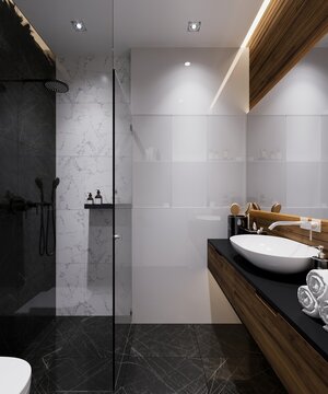 3D visualization of a modern bathroom. Green wall. luxury interior