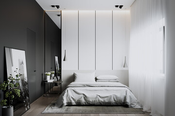 3d visualization of a modern bedroom in black and white. Modern interior. Expensive finishing materials