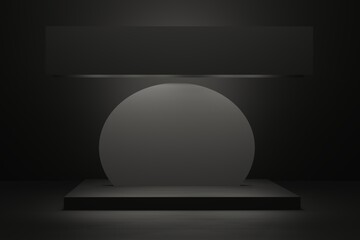 black platform podium in the style of minimalism for advertising products, scene on dark background 3d render.