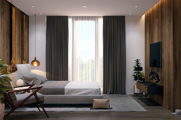 3d rendering of a modern bedroom. Wooden panels. Modern style room with wardrobe.
