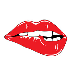 Sexy female biting lips with red lipstick. Makeup and beauty concept. Vector illustration