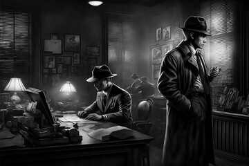 AI generated image of a noir scene with a detective following a lead investigating a case - obrazy, fototapety, plakaty