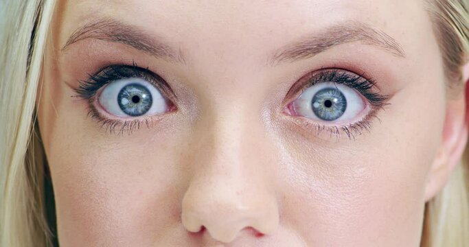 Woman, eyes and makeup of a person with surprise, vision and eyebrow raise closeup. Cosmetics, make up and eye exam test of a model with wow and scared face with beauty, skincare and cosmetics