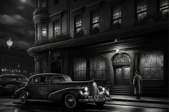 AI generated image of a noir scene with a detective following a lead investigating a case
