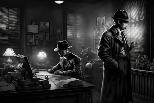 AI generated image of a noir scene with a detective following a lead investigating a case
