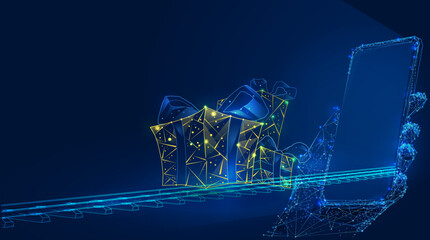 Polygonal 3d gifts on train road. Celebration for  logistics or tracking app concept. Abstract vector illustration congratulations on the holiday of employees of the online cargo delivery service.