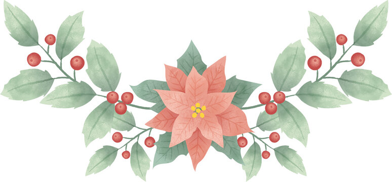 Christmas wreath, flower wreath of christmas flower, holly berries with leaves clipart. Isolated element graphic. Watercolor style illustration.