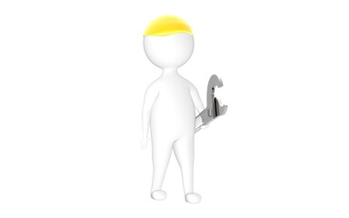3d character , man , worker wearing safety cap and holding wrench