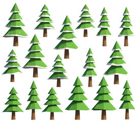 Fototapeta premium Isometric set of green fir trees decorated with snow toys. Isolated 3d illustration of Christmas trees, isometric view.