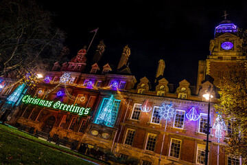 View of Leicester town hall square in the night decorated for Christmas time