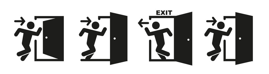 Entrance exit door with people icon sign. Door open and closed  with man and arrow for emergency exit. Office safety symbol. Vector illustration.
