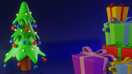 3D render with a Christmas tree and gifts on a blue background. For New Year and Christmas designs, postcards, banners, web. Greeting card concept for the Chinese New Year of the Water Hare.