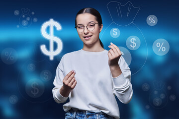 Teenage girl making money gesture, rubbing fingers, background with money symbols