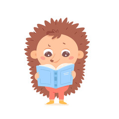 Cute hedgehog reading open book, happy baby animal holding school textbook or fairy tales