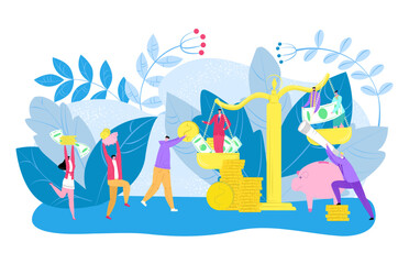 Business, social and finance people gap, vector illustration. Man woman inequality, poor and rich person with coin salary.