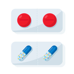Medical pills and tablets set, blisters with pharmacy drugs, capsules with vitamins
