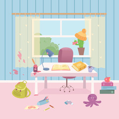 Messy and untidy kds place to study at home room, paper clutter on desk and dirty floor