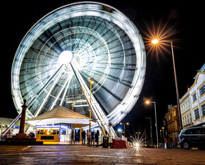 View of night Leicester, a city in England’s East Midlands region, in Christmas time