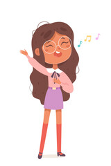 Cute girl singing song, happy kawaii female singer with glasses standing to sing to music